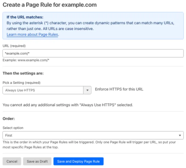 Example Page Rule with &#x27;Always Use HTTPS&#x27; setting