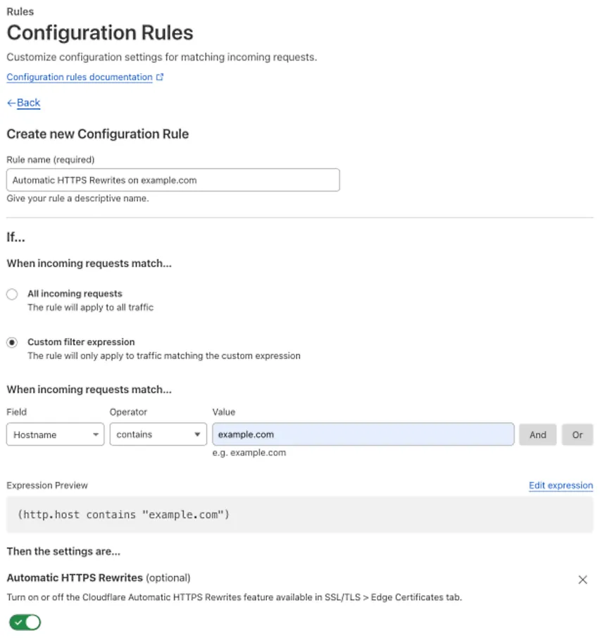 Configuration rule matching the &#x27;Automatic HTTPS Rewrites&#x27; setting of the example Page Rule