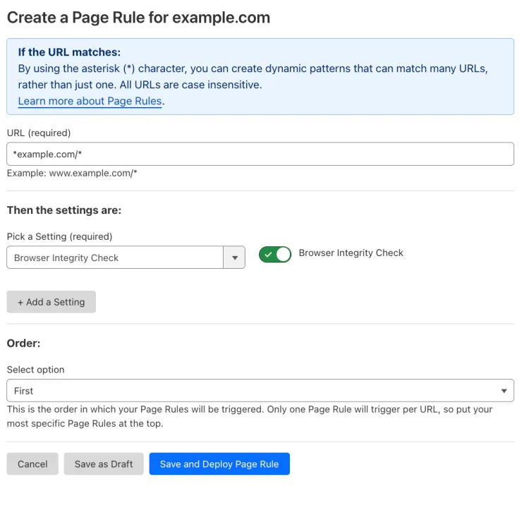 Example Page Rule with &#x27;Browser Integrity Check&#x27; setting