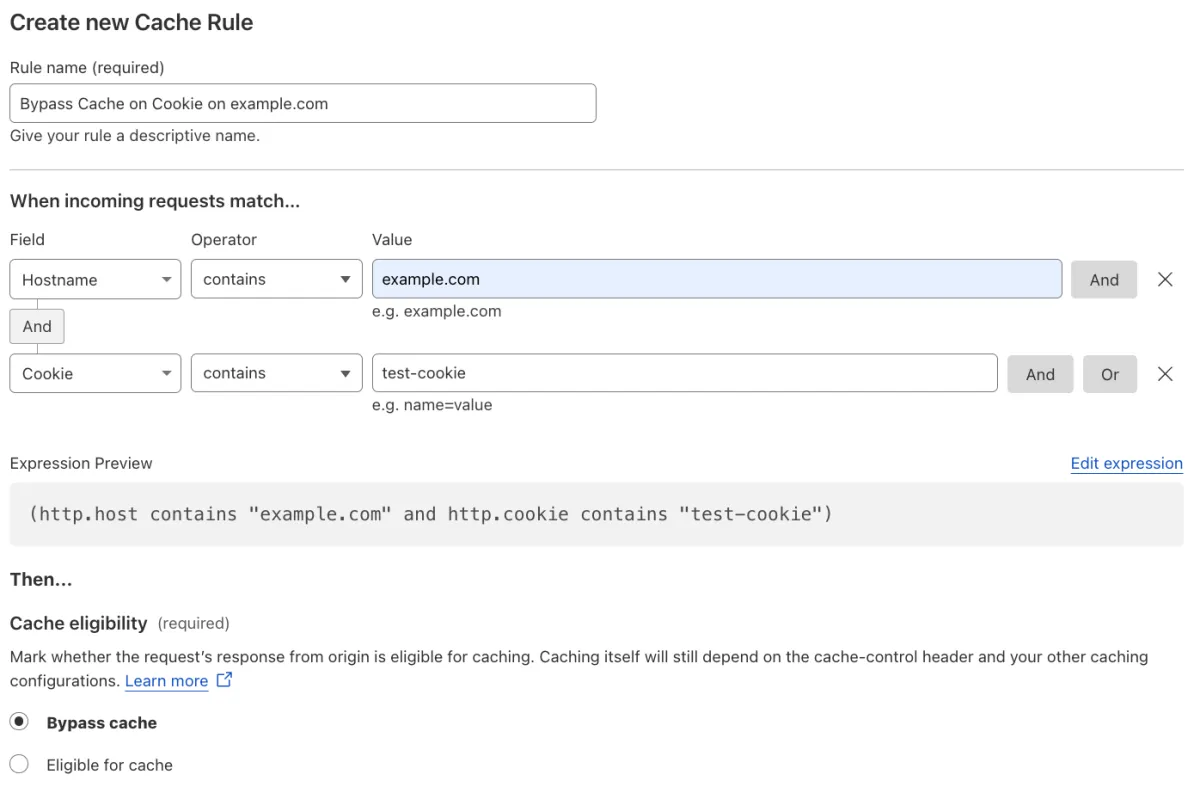 Cache rule matching the &#x27;Bypass Cache on Cookie&#x27; setting of the example Page Rule