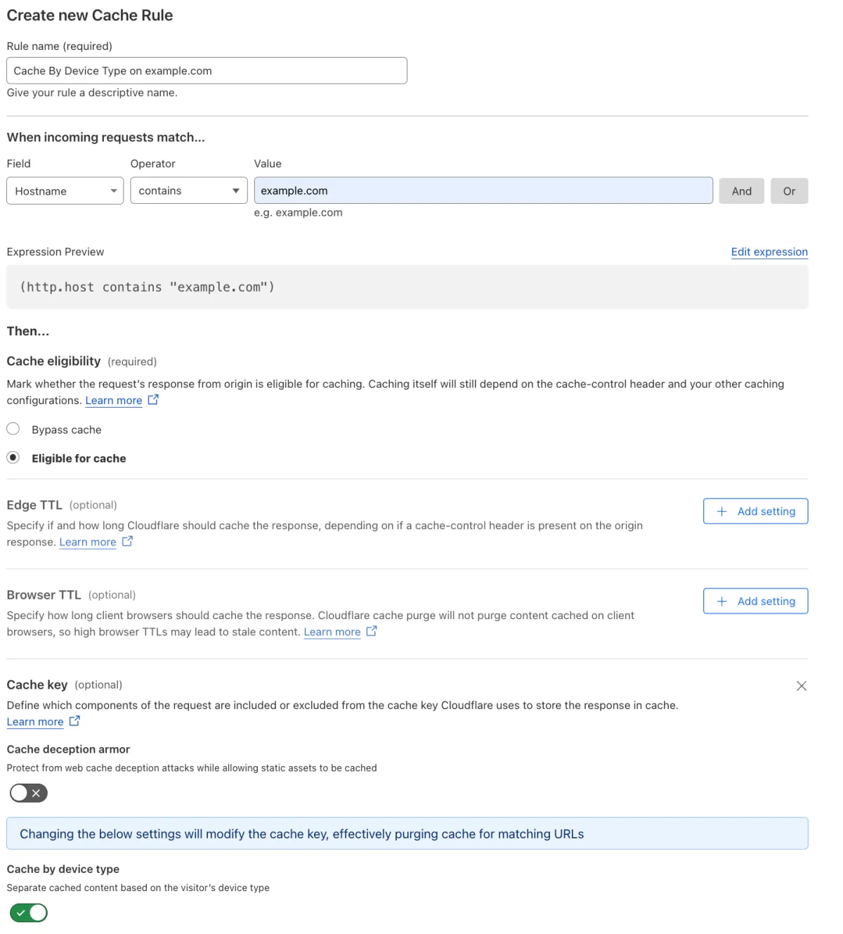 Cache rule matching the &#x27;Cache By Device Type&#x27; setting of the example Page Rule