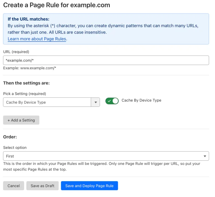 Example Page Rule with &#x27;Cache By Device Type&#x27; setting