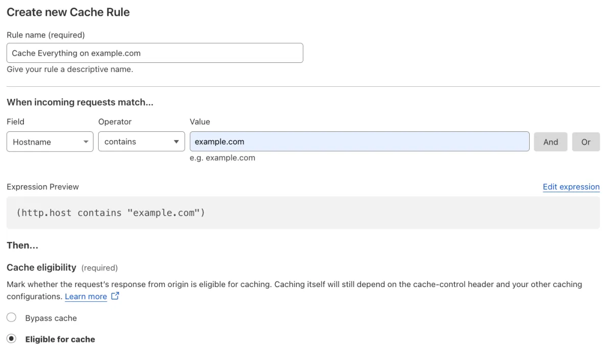 Cache rule matching the &#x27;Cache Level: Cache Everything&#x27; setting of the example Page Rule