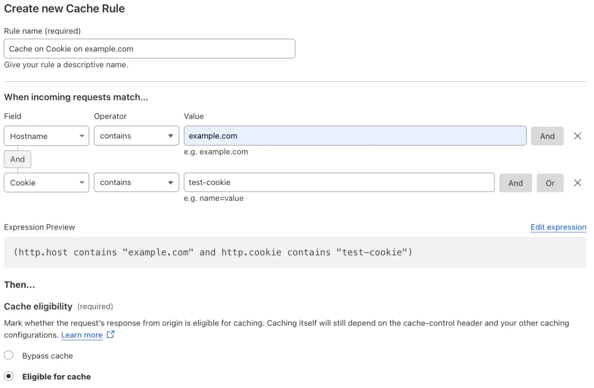 Cache rule matching the &#x27;Cache on Cookie&#x27; setting of the example Page Rule