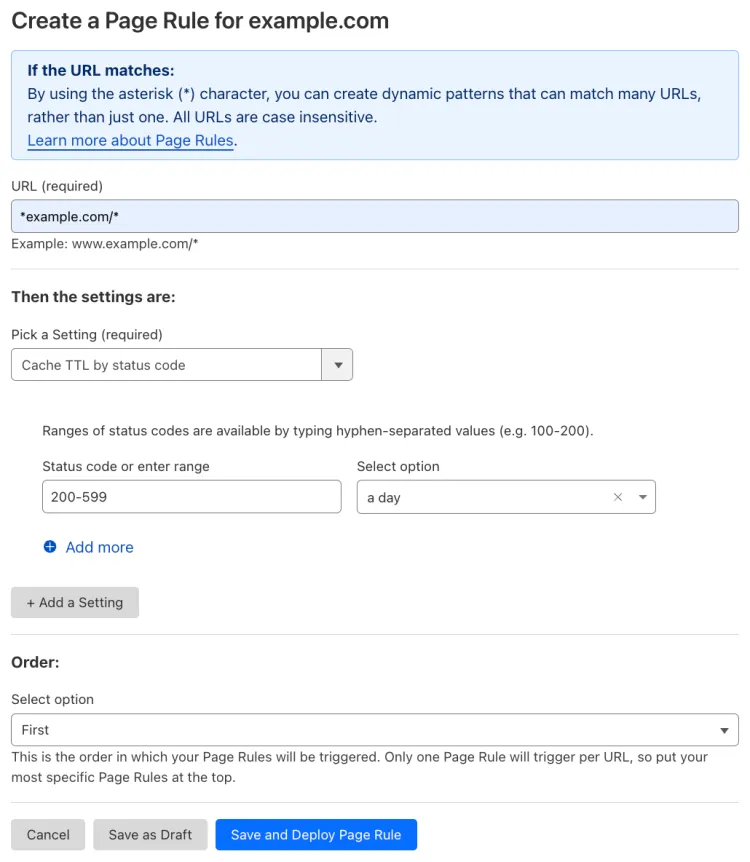 Example Page Rule with the &#x27;Cache TTL by status code&#x27; setting