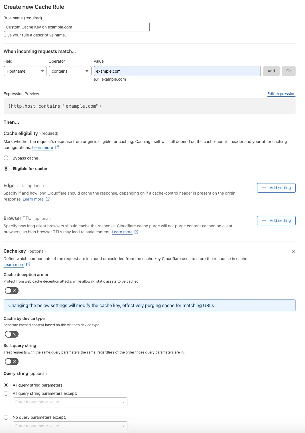 Cache rule matching the &#x27;Custom Cache Key&#x27; setting of the example Page Rule