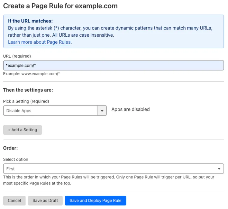 Example Page Rule with &#x27;Disable Apps&#x27; setting