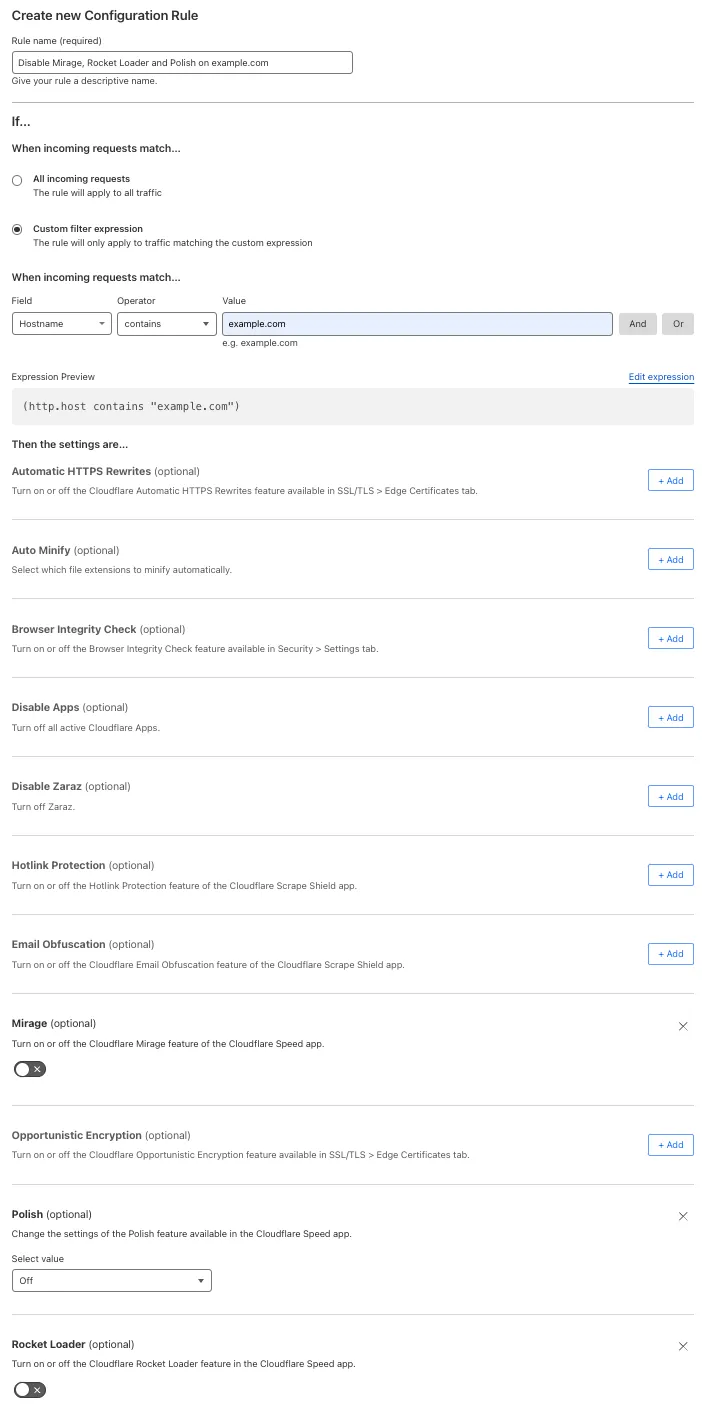 Configuration rule partially matching the &#x27;Disable Performance&#x27; setting of the example Page Rule