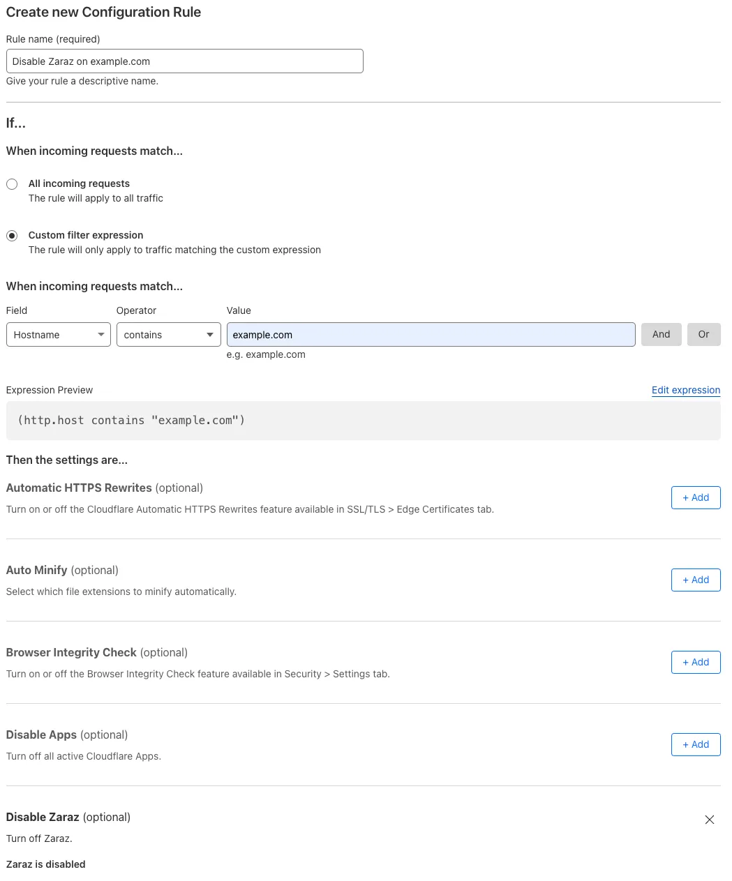 Configuration rule matching the &#x27;Disable Zaraz&#x27; setting of the example Page Rule