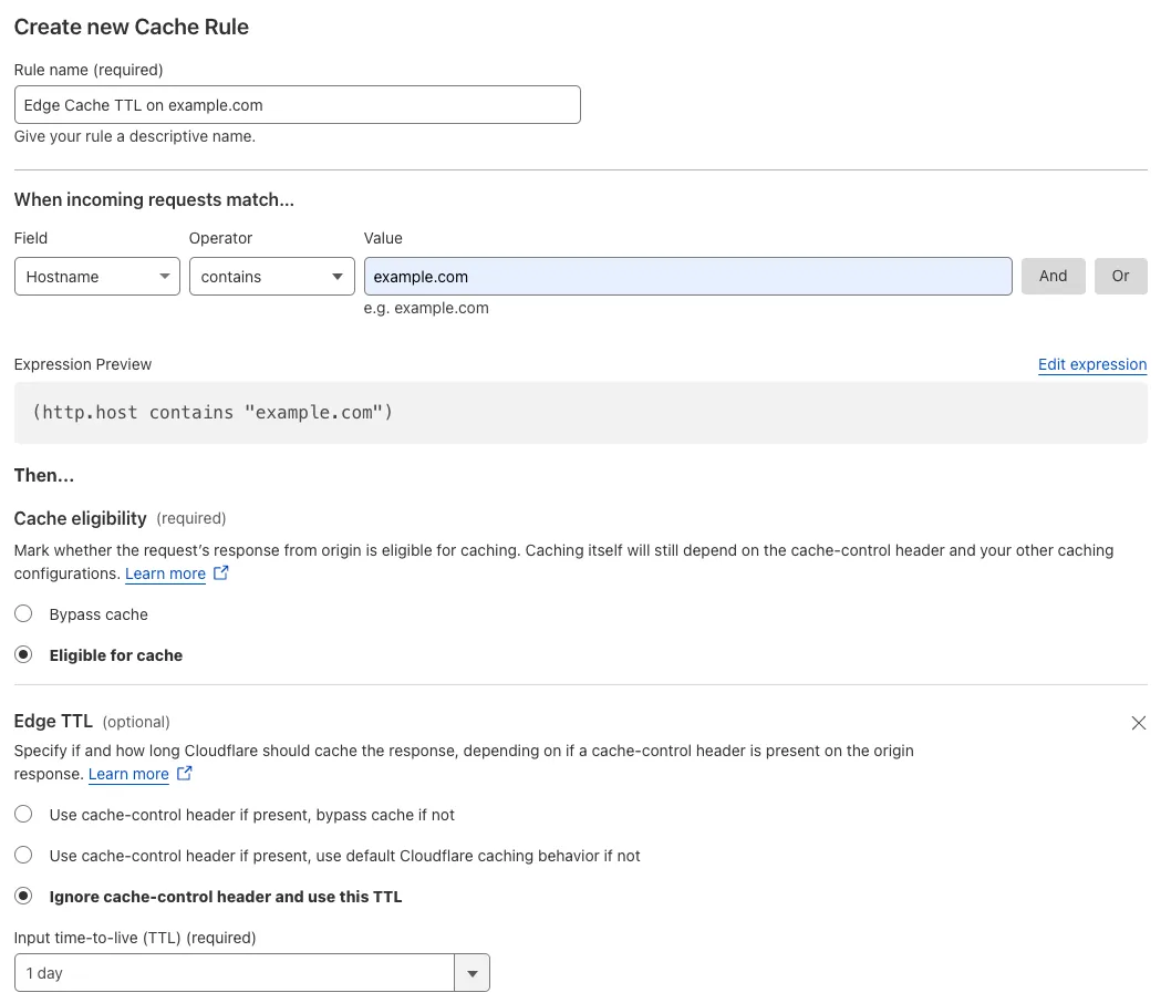 Cache rule matching the &#x27;Edge Cache TTL&#x27; setting of the example Page Rule
