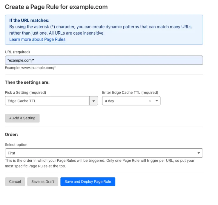 Example Page Rule with the &#x27;Edge Cache TTL&#x27; setting