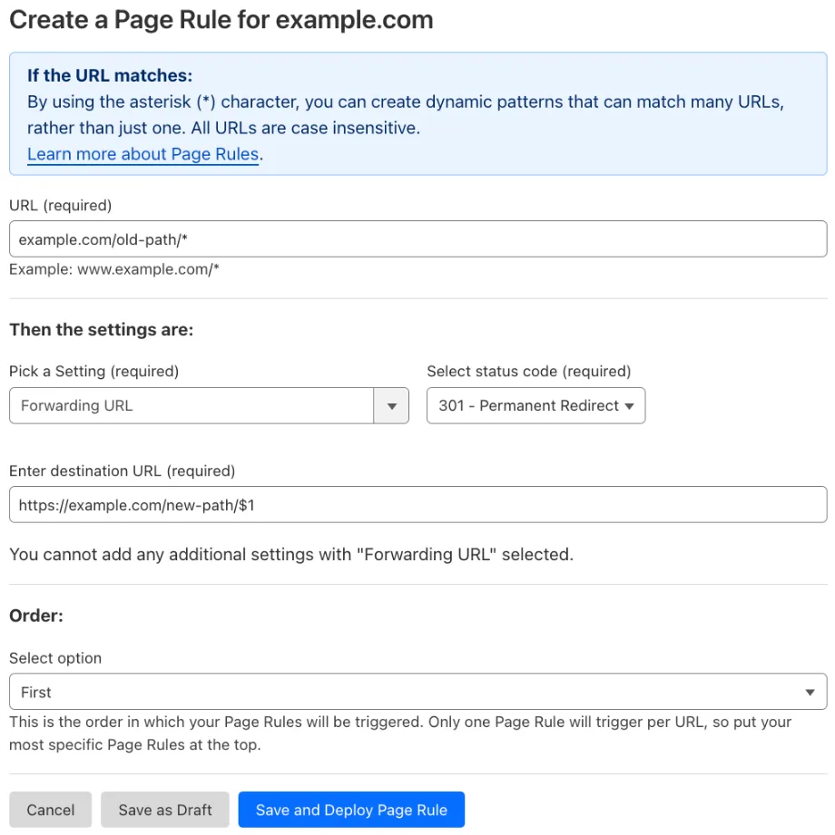 Example Page Rule #2 with &#x27;Forwarding URL&#x27; setting