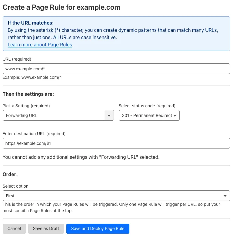 Example Page Rule #1 with &#x27;Forwarding URL&#x27; setting