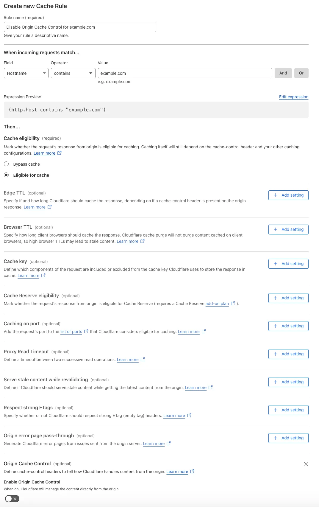 Cache rule matching the &#x27;Origin Cache Control&#x27; setting of the example Page Rule