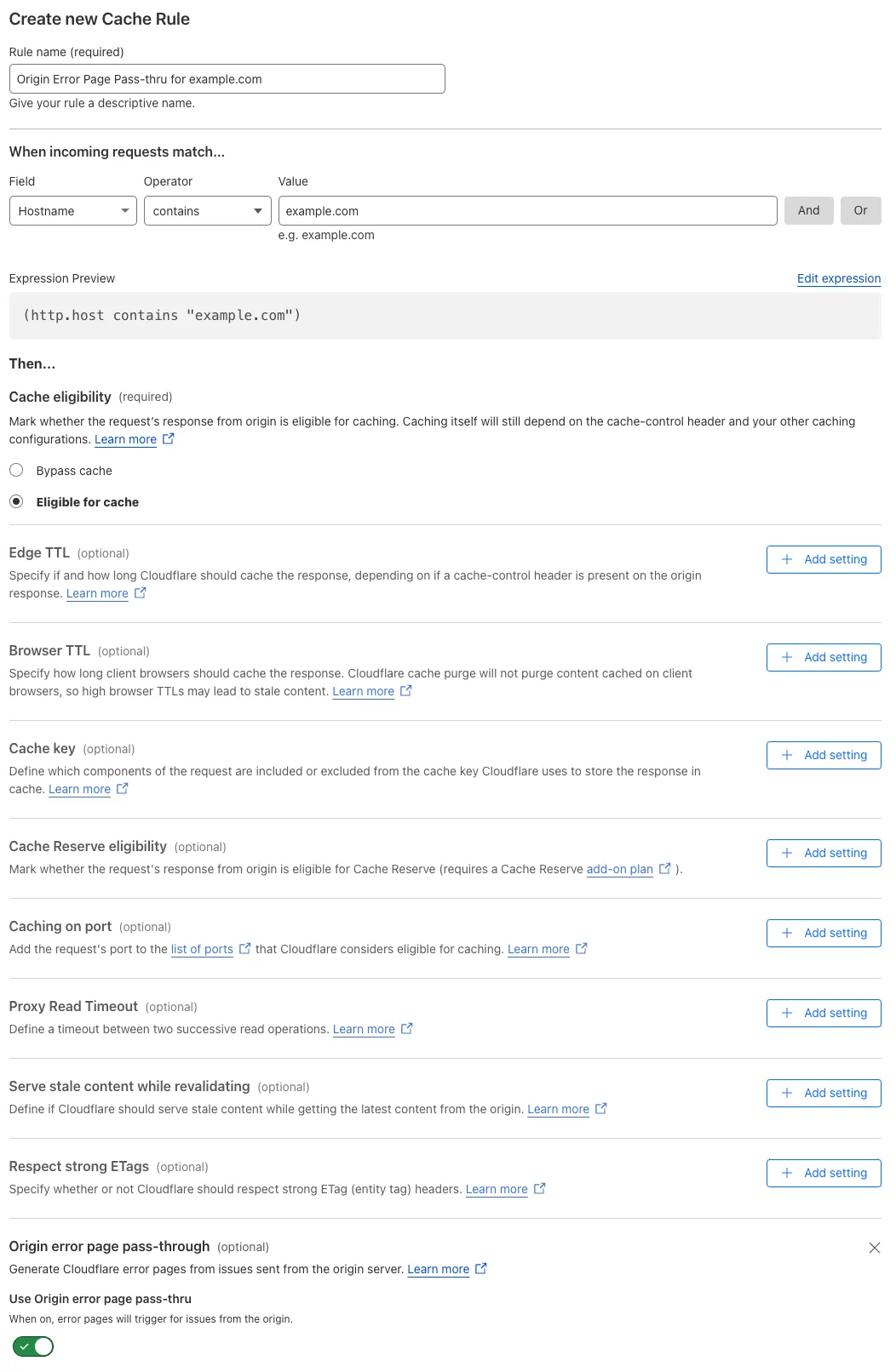 Cache rule matching the &#x27;Origin Error Page Pass-thru > On&#x27; setting of the example Page Rule