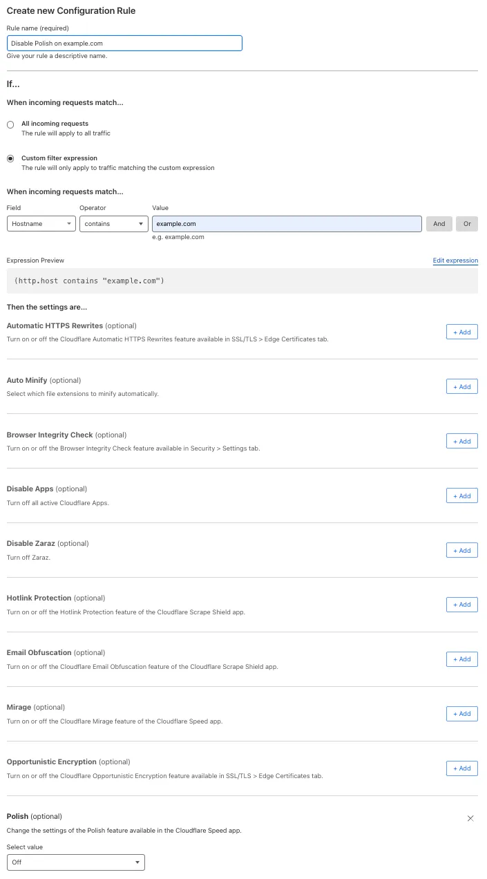 Configuration rule matching the &#x27;Polish > Off&#x27; setting of the example Page Rule