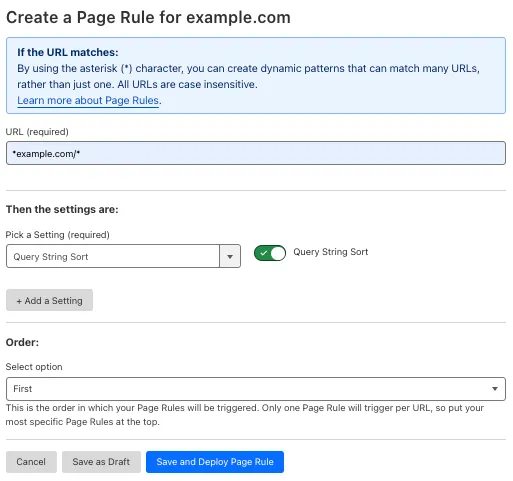 Example Page Rule with &#x27;Query String Sort&#x27; setting