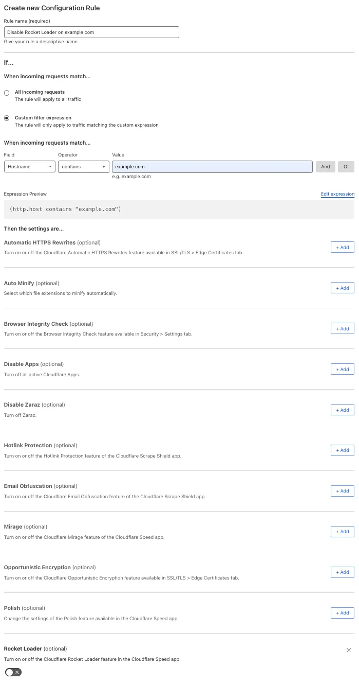 Configuration rule matching the &#x27;Rocket Loader > Off&#x27; setting of the example Page Rule