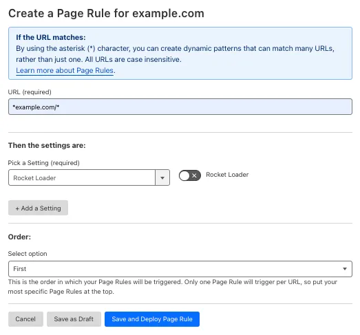 Example Page Rule with &#x27;Rocket Loader&#x27; setting