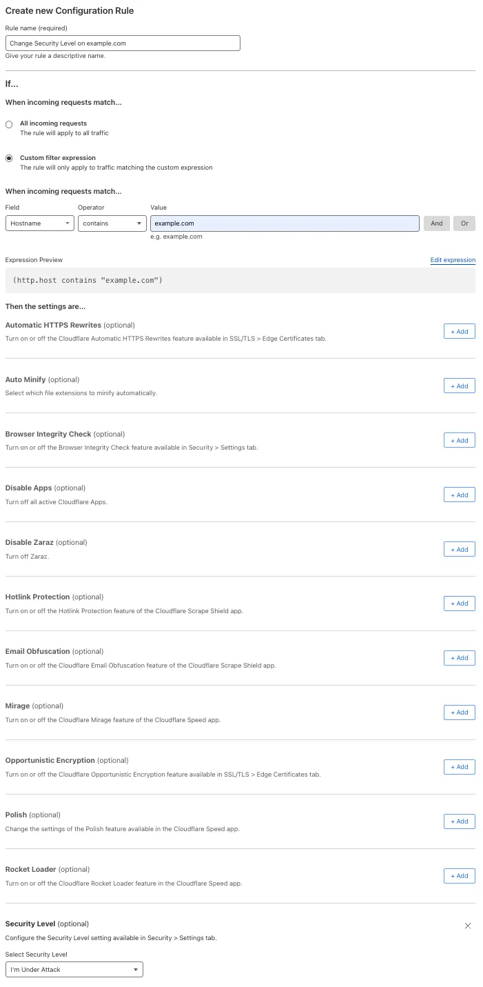 Configuration rule matching the &#x22;Security Level > I&#x27;m Under Attack&#x22; setting of the example Page Rule