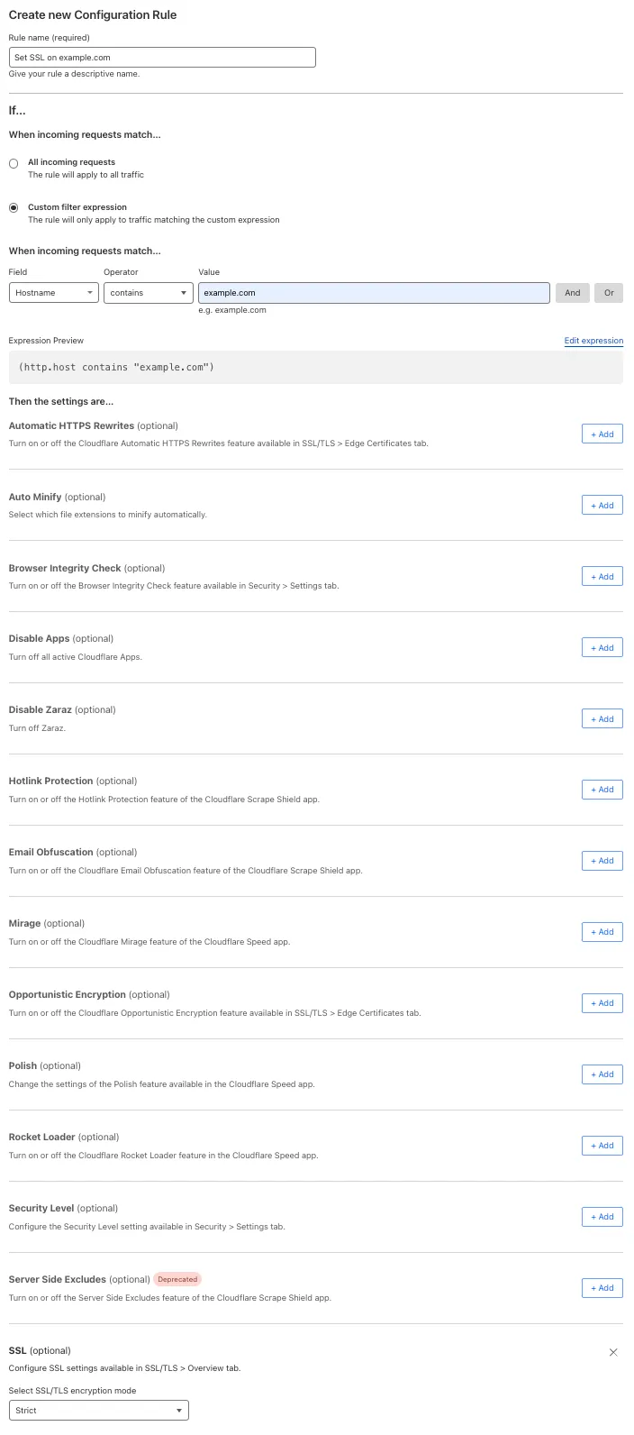 Configuration rule matching the &#x22;SSL&#x22; setting of the example Page Rule