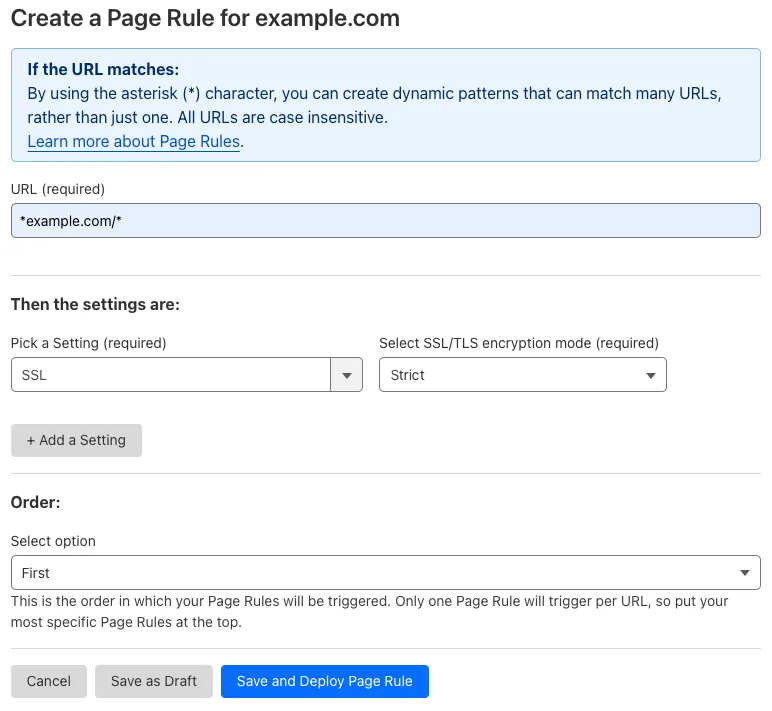 Example Page Rule with &#x27;SSL&#x27; setting
