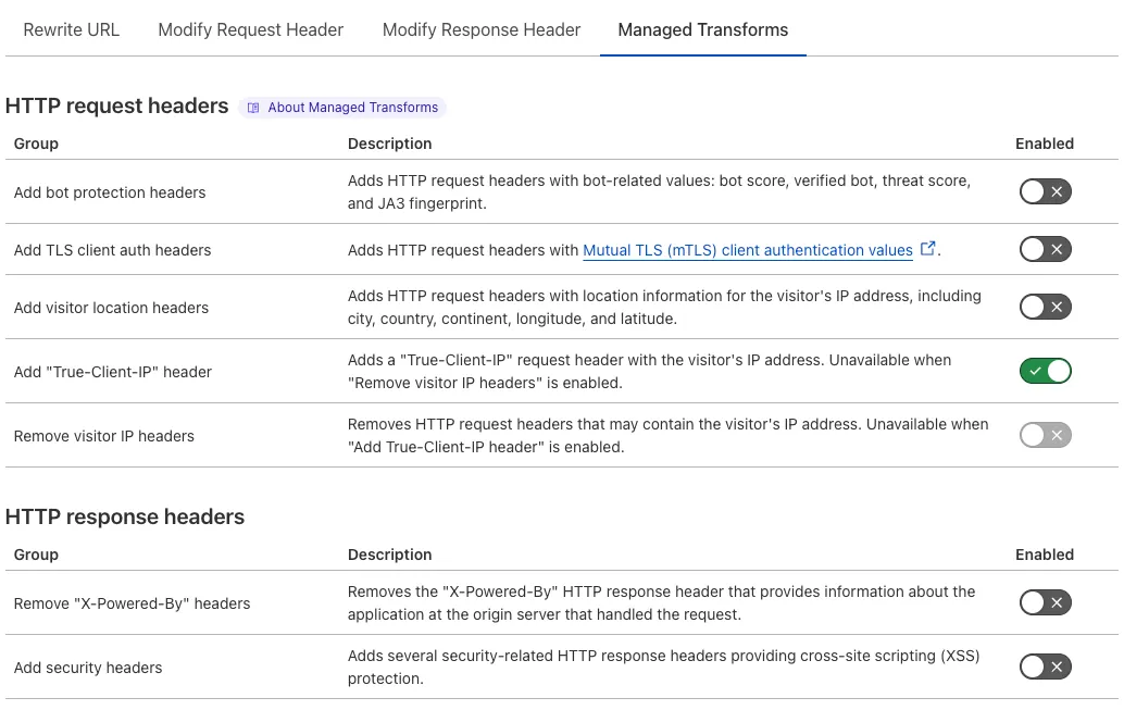 The &#x27;Add &#x22;True-Client-IP&#x22; header&#x27; Managed Transform matching the &#x27;True Client IP Header&#x27; setting of the example Page Rule